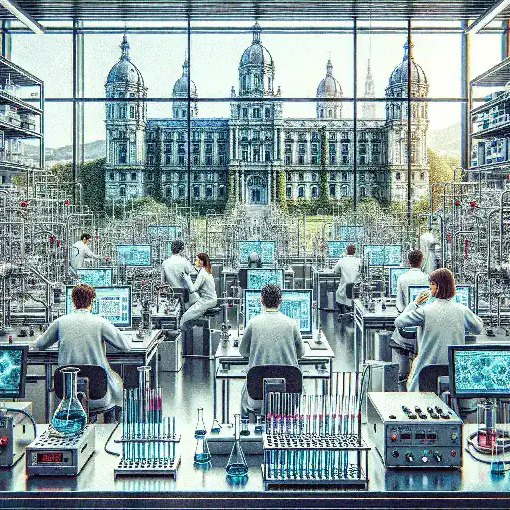 "Investigadores del laboratorio en Bilbao trabajando en el desarrollo de baterías de hidrógeno de alta densidad, una innovación tecnológica para energías limpias y sostenibles."